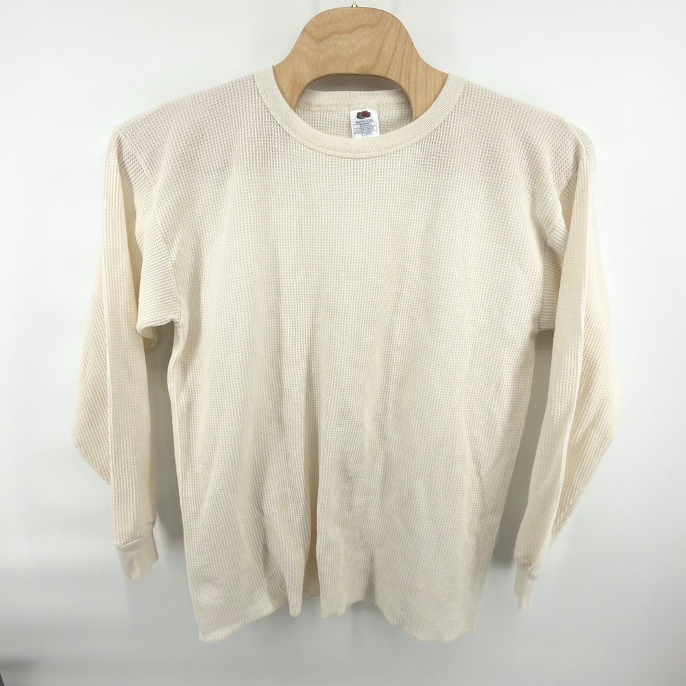 Vintage Fruit of the Loom Thermal Shirt Mens 3XL Cream Waffle Knit Long Sleeve